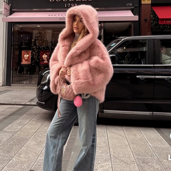 Pink Faux Fur Coat with Hood - Picture 3 of 6